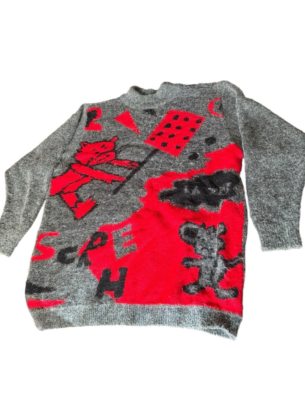 Vintage Gray & Red Graphic Fuzzy Sweater
